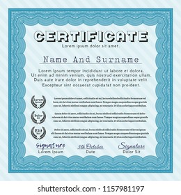 Light blue Diploma or certificate template. Complex background. Detailed. Sophisticated design. 