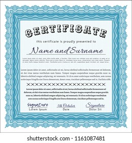 Light blue Diploma or certificate template. Perfect design. With complex linear background. Detailed. 