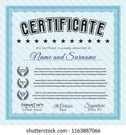 Light blue Diploma or certificate template. Vector illustration. Easy to print. Cordial design. 