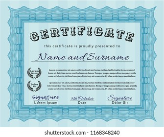 Light blue Diploma or certificate template. Printer friendly. Lovely design. Vector illustration. 
