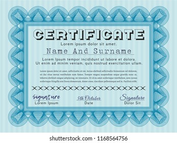Light blue Diploma or certificate template. Artistry design. With guilloche pattern and background. Vector illustration. 