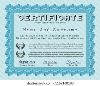 Light blue Diploma or certificate template. With guilloche pattern and background. Superior design. Customizable, Easy to edit and change colors. 