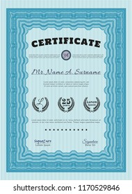 Light blue Diploma or certificate template. Vector illustration. With guilloche pattern. Artistry design. 