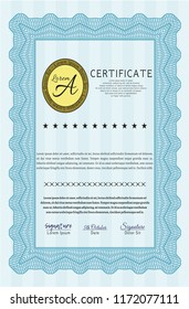 Light blue Diploma or certificate template. With guilloche pattern and background. Detailed. Modern design. 