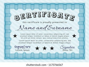 Light blue Diploma or certificate template. Vector illustration. With complex linear background. Money design. 