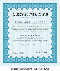 Light blue Diploma or certificate template. Money Pattern. Detailed. With linear background. 
