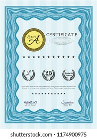 Light blue Diploma or certificate template. Elegant design. With guilloche pattern. Detailed. 