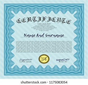 Light blue Diploma or certificate template. Detailed. With complex linear background. Money style design. 