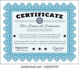 Light blue Diploma or certificate template. With guilloche pattern and background. Detailed. Artistry design. 