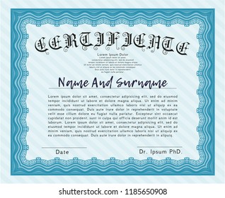 Light blue Diploma or certificate template. With great quality guilloche pattern. Customizable, Easy to edit and change colors. Modern design. 