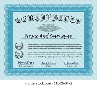 Light blue Diploma or certificate template. Customizable, Easy to edit and change colors. With complex background. Superior design. 