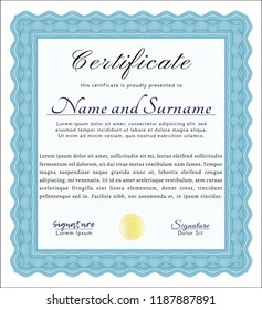 Light blue Diploma or certificate template. Easy to print. Cordial design. Vector illustration. 