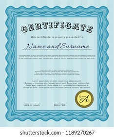Light blue Diploma or certificate template. Money design. With guilloche pattern. Detailed. 
