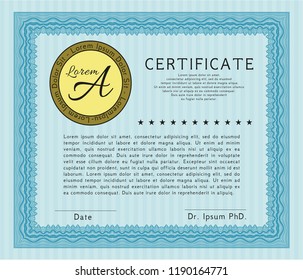 Light blue Diploma or certificate template. Printer friendly. Money Pattern. Detailed. 