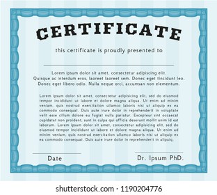 Light blue Diploma or certificate template. Detailed. With quality background. Cordial design. 