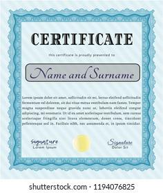 Light blue Diploma or certificate template. Vector illustration. Printer friendly. Superior design. 