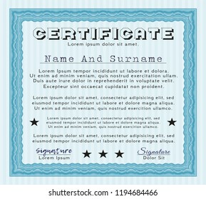 Light blue Diploma or certificate template. Detailed. With guilloche pattern and background. Superior design. 