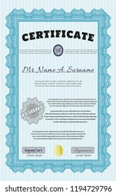 Light blue Diploma or certificate template. Complex background. Customizable, Easy to edit and change colors. Cordial design. 
