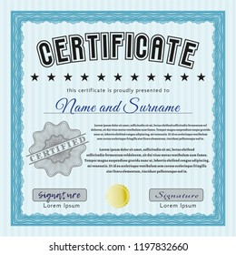 Light blue Diploma or certificate template. With complex linear background. Nice design. Detailed. 