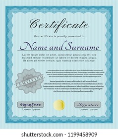 Light blue Diploma or certificate template. Customizable, Easy to edit and change colors. With linear background. Cordial design. 