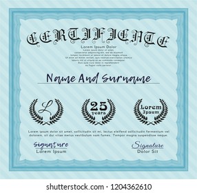 Light blue Diploma or certificate template. Detailed. With complex linear background. Sophisticated design. 