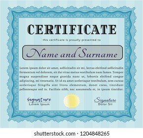 Light blue Diploma or certificate template. Money design. Detailed. With complex background. 