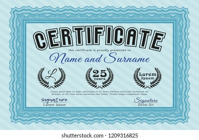 Light blue Diploma or certificate template. Elegant design. With background. Customizable, Easy to edit and change colors. 