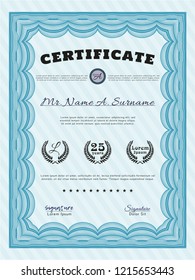 Light blue Diploma or certificate template. With complex background. Sophisticated design. Detailed. 