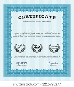 Light blue Diploma or certificate template. Perfect design. With great quality guilloche pattern. Detailed. 