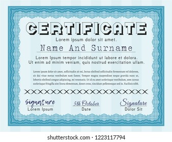 Light blue Diploma or certificate template. With linear background. Detailed. Beauty design. 