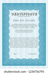 Light blue Diploma or certificate template. Detailed. With great quality guilloche pattern. Perfect design. 