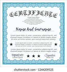 Light blue Diploma or certificate template. With background. Nice design. Vector illustration. 