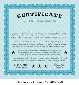 Light blue Diploma or certificate template. Lovely design. Detailed. With guilloche pattern and background. 