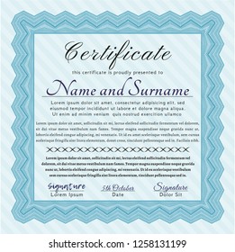 Light blue Diploma or certificate template. Detailed. With guilloche pattern. Excellent design. 