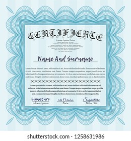 Light blue Diploma or certificate template. Printer friendly. Excellent design. Customizable, Easy to edit and change colors. 