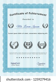 Light blue Diploma or certificate template. Complex background. Detailed. Cordial design. 