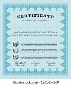 Light blue Diploma or certificate template. Money Pattern design. Detailed. With complex linear background. 