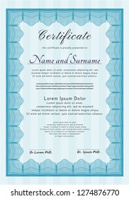 Light blue Diploma or certificate template. Customizable, Easy to edit and change colors. With great quality guilloche pattern. Money Pattern. 