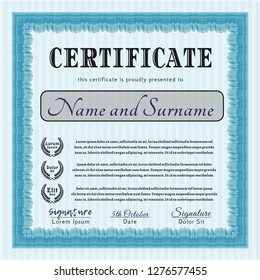 Light blue Diploma or certificate template. Excellent design. With background. Detailed. 