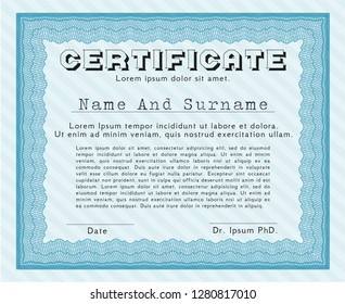 Light blue Diploma or certificate template. Detailed. With guilloche pattern and background. Beauty design. 