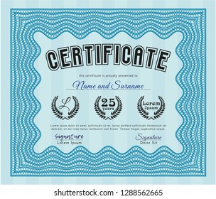 Light blue Diploma or certificate template. Nice design. With great quality guilloche pattern. Customizable, Easy to edit and change colors. 