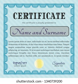 Light blue Diploma or certificate template. Printer friendly. Superior design. Customizable, Easy to edit and change colors. 