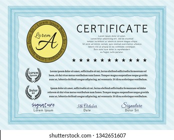Light blue Diploma or certificate template. With great quality guilloche pattern. Vector illustration. Money Pattern design. 