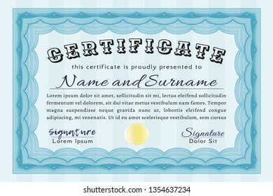 Light blue Diploma or certificate template. With background. Detailed. Sophisticated design. 