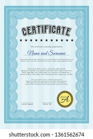 Light blue Diploma or certificate template. Customizable, Easy to edit and change colors. Complex background. Lovely design. 