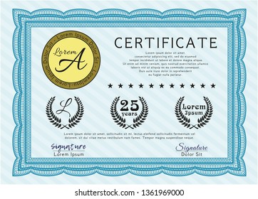 Light blue Diploma or certificate template. With linear background. Retro design. Detailed. 