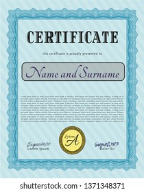 Light blue Diploma or certificate template. Detailed. With quality background. Excellent design. 