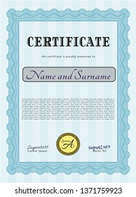 Light blue Diploma or certificate template. Customizable, Easy to edit and change colors. With linear background. Money Pattern. 