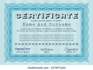 Light blue Diploma or certificate template. Customizable, Easy to edit and change colors. With complex background. Artistry design. 