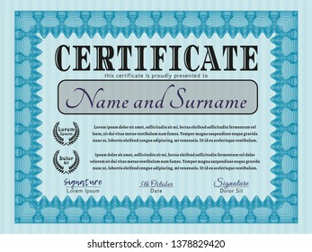 Light blue Diploma or certificate template. With complex linear background. Retro design. Vector illustration. 